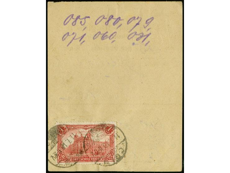 1 M. rotkarmin und Germania 50 Pfg. je mit Stempel "CÖLN 11.7.19" vorder- und rückseitig auf Posteinlieferungsschein für 15 P