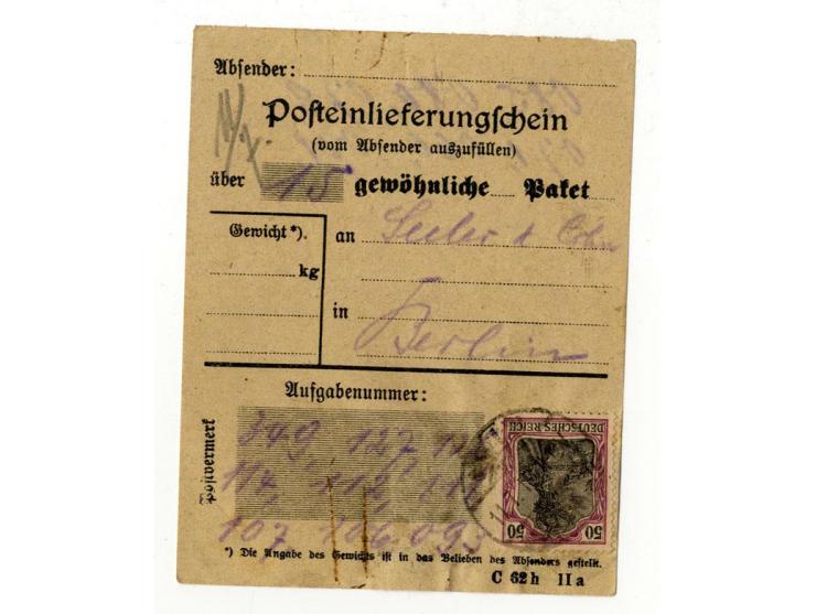 1 M. rotkarmin und Germania 50 Pfg. je mit Stempel "CÖLN 11.7.19" vorder- und rückseitig auf Posteinlieferungsschein für 15 P