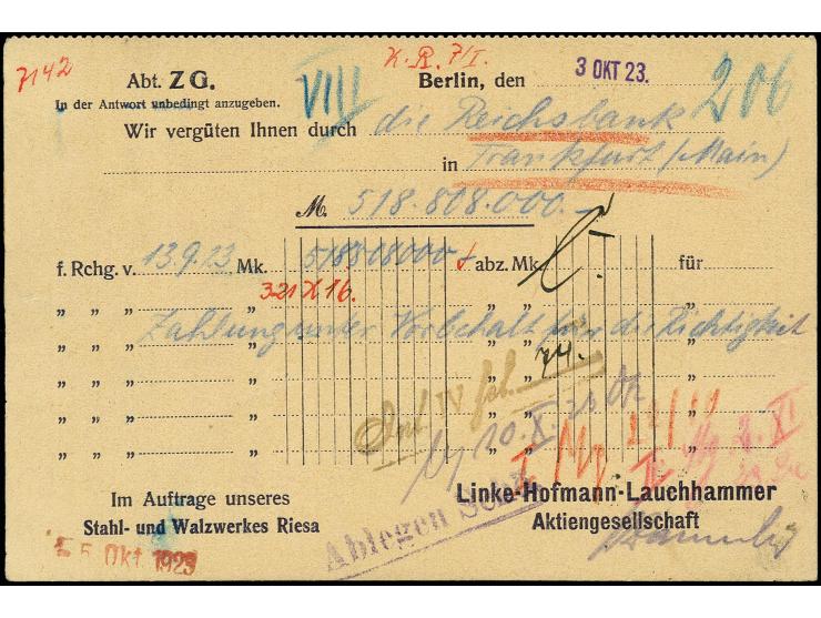 800 Tsd. auf 500 M. als portogerechte Einzelfrankatur auf Firmenpostkarte von "BERLIN 4.10.23" nach Frankfurt in einwandfreie