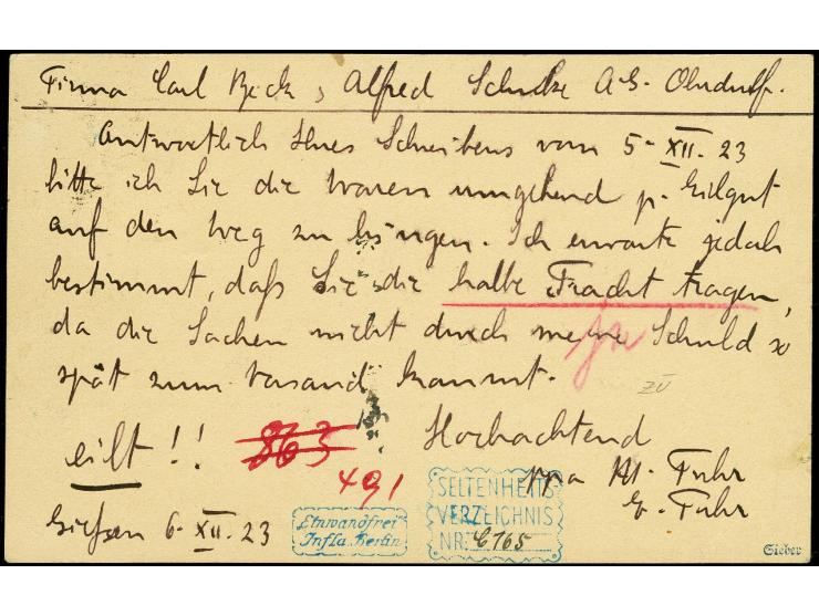 50 Mrd. M. gezähnt als portogerechte Einzelfrankatur auf Postkarte von "Gießen 6.12.23" nach Ohrdruf, Kabniett, sign. Infla B