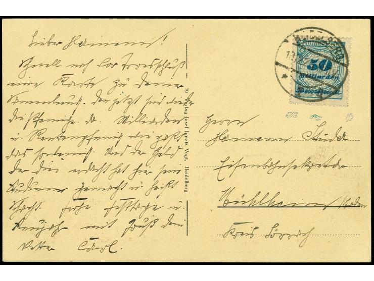 50 Mrd. M. durchstochen als portogerechte Einzelfrankatur auf Postkarte aus "HEIDELBERG 10.12.23" nach Kichheim, Marke rechts