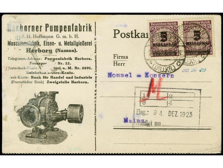 5 Mrd. auf 2 Mio. M. dunkelgraupurpur im waagerechten Paar als portogerechte Mehrfachfrankarur auf Firmenpostkarte von "HERBO