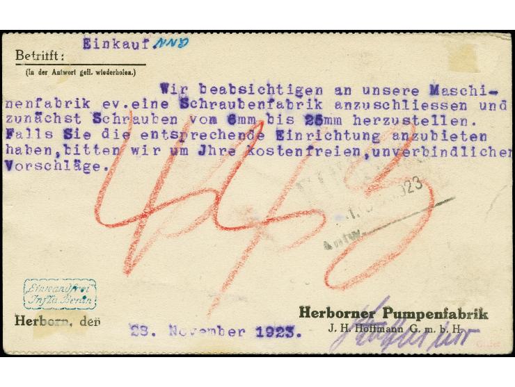 5 Mrd. auf 2 Mio. M. dunkelgraupurpur im waagerechten Paar als portogerechte Mehrfachfrankarur auf Firmenpostkarte von "HERBO