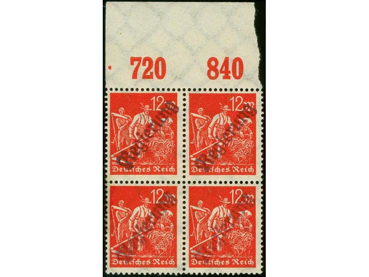 12 M. mit schwarzviolettem Aufdruck in Type II, Plattenoberrand-Viererblock, postfrisch, Kabinett, Kurzbefund Weinbuch BPP (2