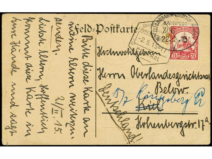 6. Postabgang: 1915, 22.2., Kaiseryacht 7 1/2 H. mit Bahnpost-Stempel "MITTELLANDBAHN DOA ZUG a 22.2.15" (ohne Zug-Nummer) au