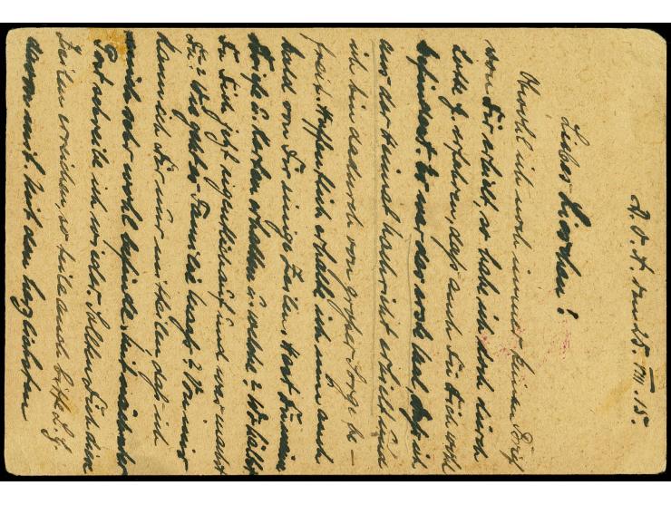 11. Postabgang: 1915, 28.8., Kaiseryacht 7 1/2 H. mit Stempel "MOMBO DOA 28.8." auf Feldpost-Vordruckkarte mit rotem Zensurst