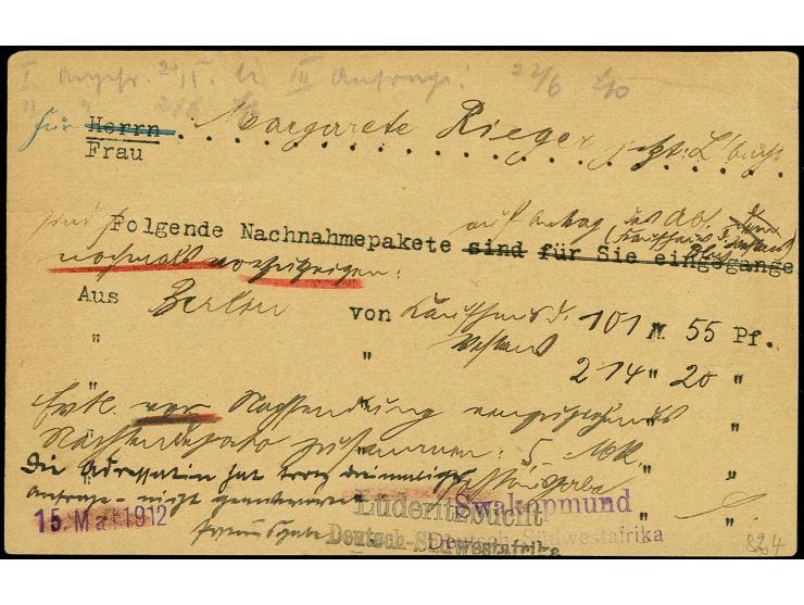 1912, alte Feldpost-Vordruckpostkarte als Postsache vom Postamt Swakopmund mit Informationen über Nachnahme-Paketkarten an da