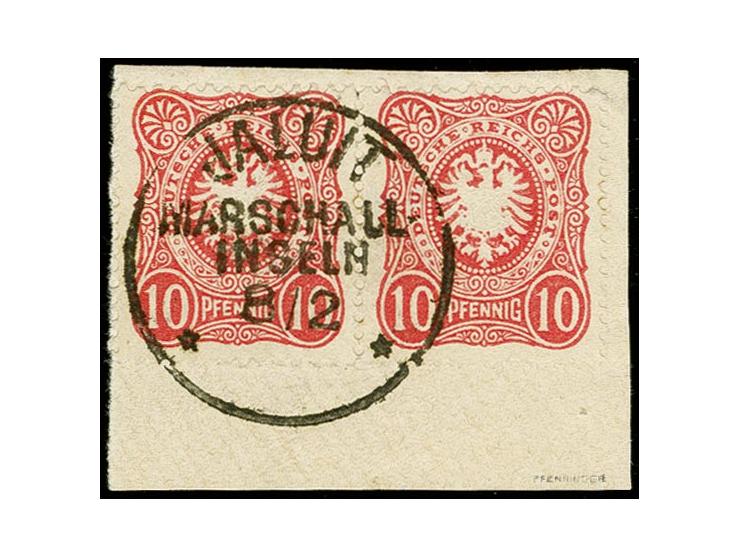 10 Pfg. dunkelrosa im waagerechten Paar mit klarem und kpl. Stempel "JALUIT MARSCHALL-INSELN 8.2." (ohne Jahrezahl) auf Brief