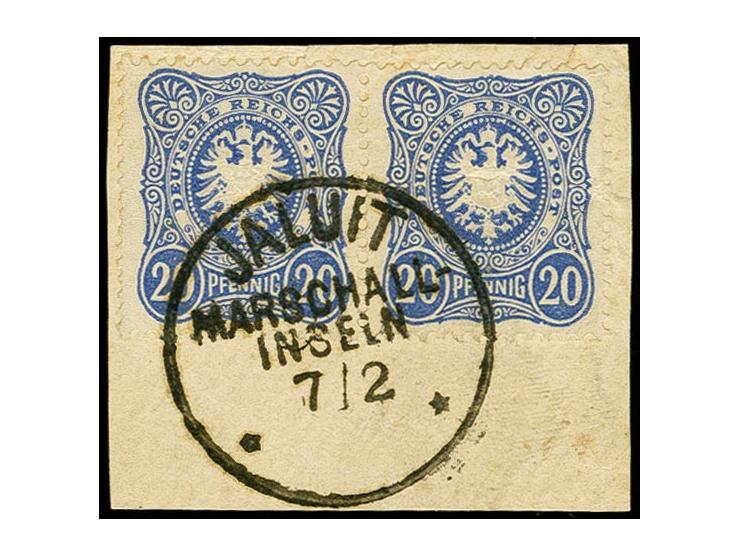 20 Pfg. dunkelultramarin im waagerechten Paar mit klarem und kpl. Stempel "JALUIT MARSCHALL-INSELN 7.2." (ohne Jahrezahl) auf