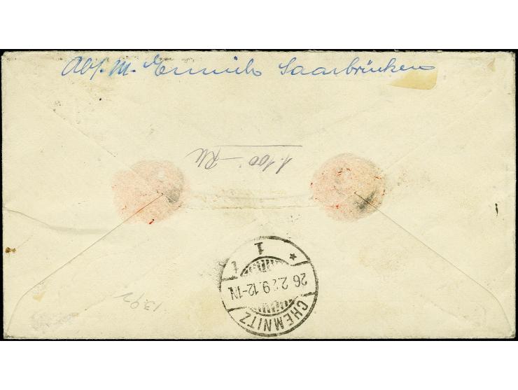 10 Fr. gestempelt "SAARBRÜCKEN 24.2.29" auf Wertbrief (Wert Fr. 16.000,-) nach Chemnitz mit Ankunftsstempel, Empfängername au