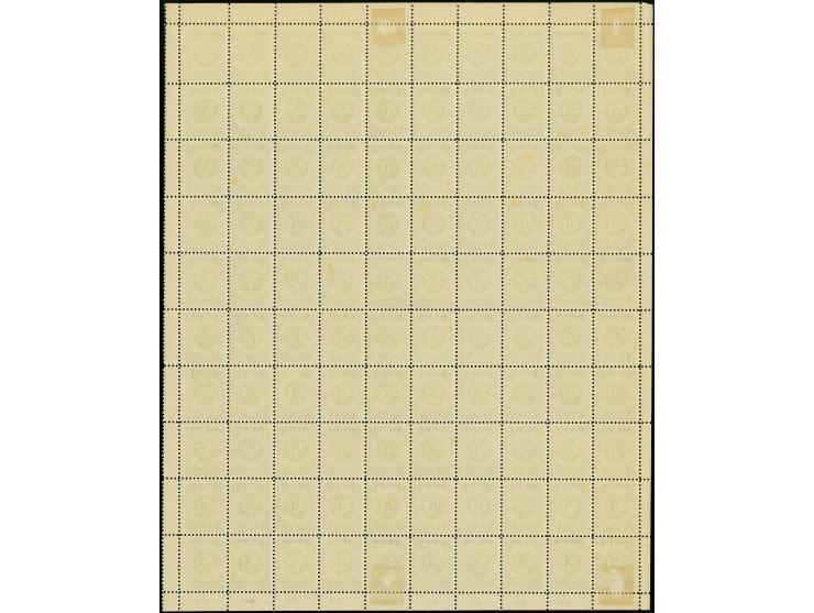 3 C. auf 300 M. oliv, kpl. Bogen mit 100 Marken, rechts mit kleinen, gezähnten Zwischenstegen, postfrisch, wenige Marken mit 