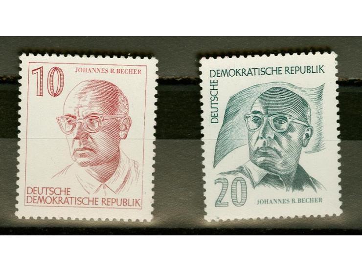 1970 (ca.), Johannes R. Becher 10 Pfg. und 20 Pfg., zwei verschiedene, farbig Essays auf Kartonpapier für eine nicht verausga