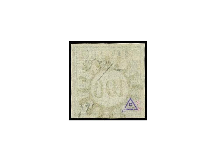 1 Kr. grauschwarz, allseits voll- bis breitrandig, links mit sichtbarer Schnittlinie, mit gMR "196" MARKTBREIT, winzige Eckbu