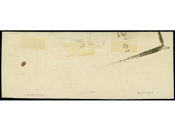 12 Kr. grün und 6 Kr. blau in Mischfrankatur mit Wappen 3 Kr. rosa, alle breitrandig und farbfrisch mit handschriftlicher Ent