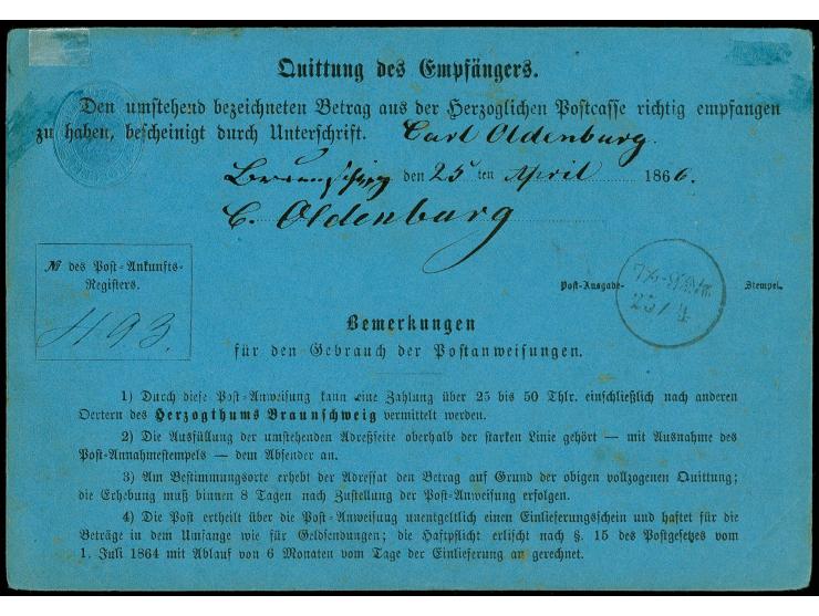 Postanweisung 2 Gr. blau mit Zufrankatur 1865, 1 Gr. karmin mit DKr. "BLANKENBURG 24 APR. 1866" über einen Betrag von 34 Thal