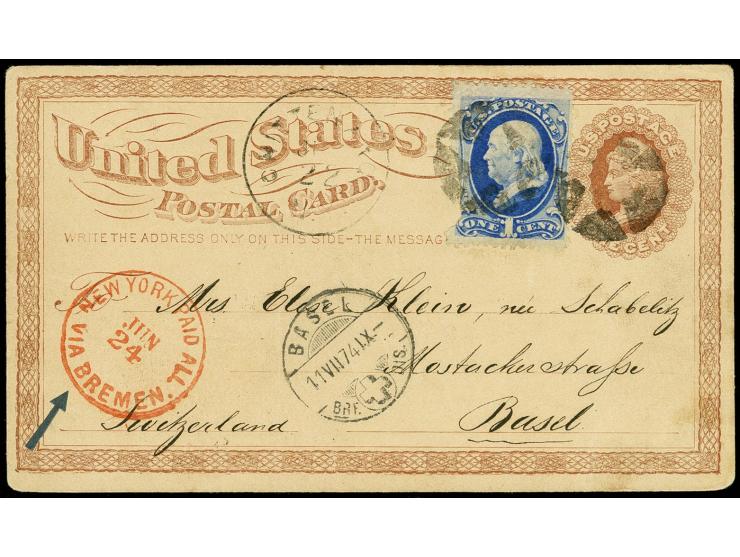 "NEW YORK PAID ALL VIA BREMEN / JUN 24" in rot fälschlicherweise angebracht auf USA Ganzsachenkarte 1 C. mit wertstufengleich