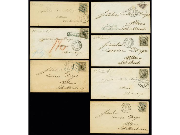 DIE LUISE DREGE-KORRESPONDENZ: 1864/67, 1¼ Sch. dunkelgraupurpur, diagonal halbiert mit Nr. "2" und sauber nebengesetztem EKr