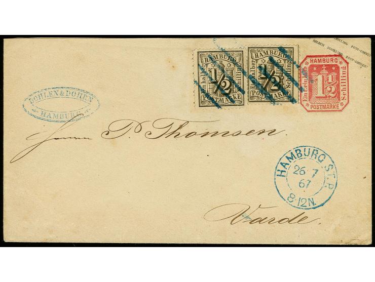 Umschlag 1½ Sch. karmin mit 2 Stück 1½ Sch. schwarz, mit blauem Balkenstempel und nebengesetztem DKr. "HAMBURG ST. P. 26/7 67