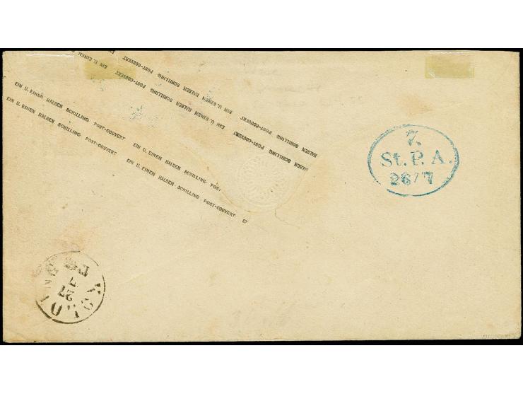 Umschlag 1½ Sch. karmin mit 2 Stück 1½ Sch. schwarz, mit blauem Balkenstempel und nebengesetztem DKr. "HAMBURG ST. P. 26/7 67