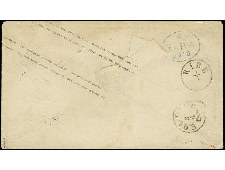 Umschlag 1½ Sch. karmin mit Zufrankatur 1 Sch. braun, farbfrisch und gut gezähnt mit blauem Balkenstempel und übergehendem DK