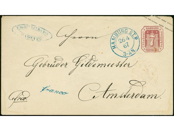 Umschlag 7 Sch. lilarot mit klar nebengesetztem DKr. "HAMBURG ST.P. 26 4 67" nach Amsterdam mit rotem Ankunftsstempel; sehr s