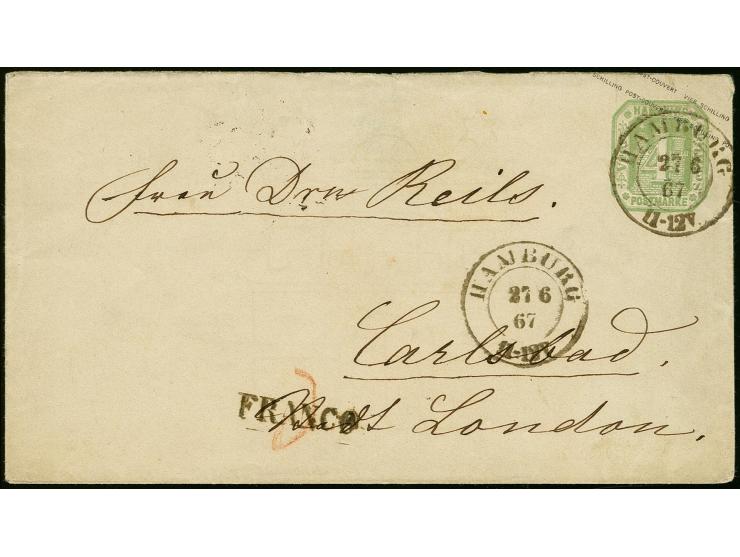 Umschlag 4 Sch. grün mit sauber auf- und nebengesetztem DKr. "HAMBURG 27 6 67" nach Carlsbad in Böhmen mit Ankunftsstempel, e