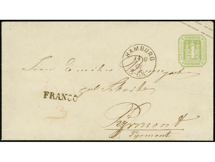 Umschlag 4 Sch. grün mit nebengesetztem EKr. "HAMBURG 14 10 67" nach Pyrmont mit Ausgabestempel, Pracht, sign. Carl H. Lange
