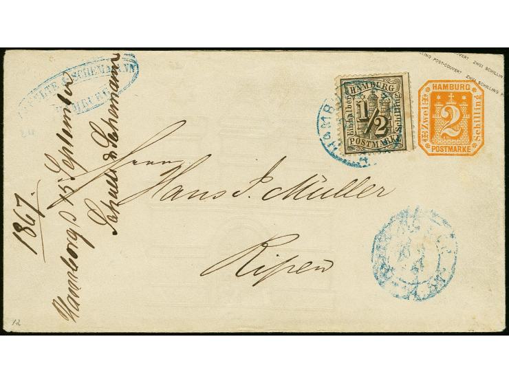 Klappenstempel 3: Umschlag 2 Sch. orange mit Zufrankatur ½ Sch. schwarz mit DKr. "HAMBURG ST.P. 20/11 67" nach Ripen in Dänem