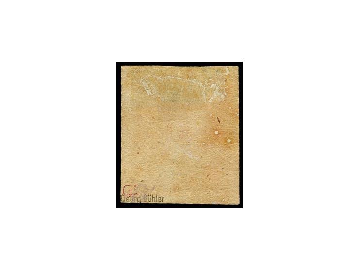 1863, 3 Pfg. grün, gut voll- bis breitrandig, ungebraucht mit großen Teilen des Originalgummis, sign. Georg Bühler