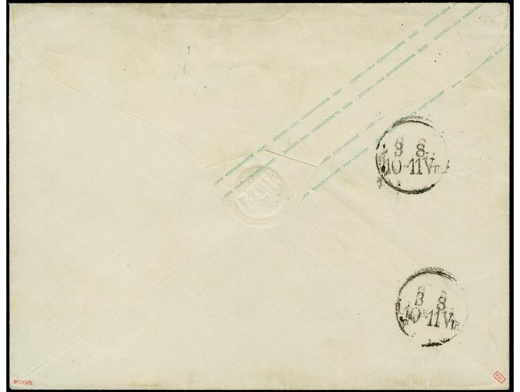 1857, Umschlag 2 Gr. blau im Großformat mit Zufrankatur 1 Gr. karmin, voll- bis meist breitrandig, jedoch vor dem Aufkleben b