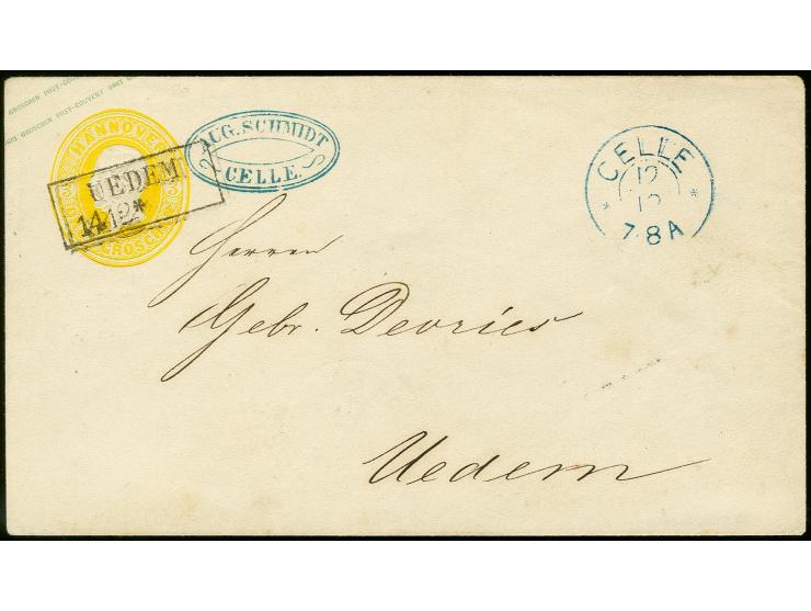 1859, Umschlag 3 Gr. orangegelb mit nebengesetztem blauen DKr. "CELLE 12 12" sowie auf dem Wertstempel aufgesetztem preußisch