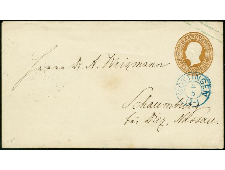 1861, Umschlag 3 Gr. braun mit Lücke nach "COUVERT", mit klarem DKr. "GÖTTINGEN 4 5" nach Schaumburg bei Diez, ein seltener U