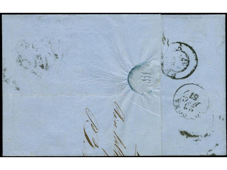 1856, 4 Pfg. grün mit 2 Sgr. auf blau und 1857, 3 Sgr. gelborange, letztere in der rechten Randlinie minimal berührt, sonst a