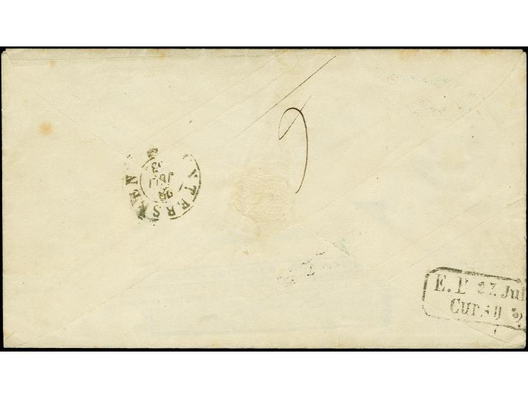Umschlag 5 Sgr. grauviolett im Kleinformat, Schilling-Nr. 2, mit nebengesetztem Ra3 ".... SPED. BUR.11. 25/7" nach Interlaken