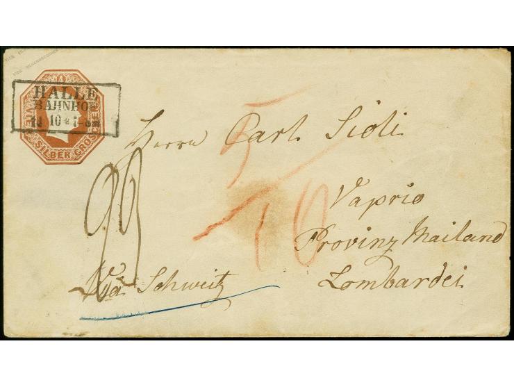 1857, Oktogon mit Überdruck links: Umschlag 4 Sgr. braun, Schilling-Nr. 2, mit sauber aufgesetztem Ra3 "HALLE BAHNHOF 14 10" 