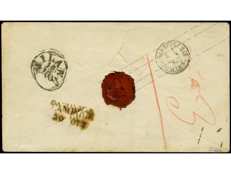 1857, Oktogon mit Überdruck links: Umschlag 4 Sgr. braun, Schilling-Nr. 2, mit sauber aufgesetztem Ra3 "HALLE BAHNHOF 14 10" 