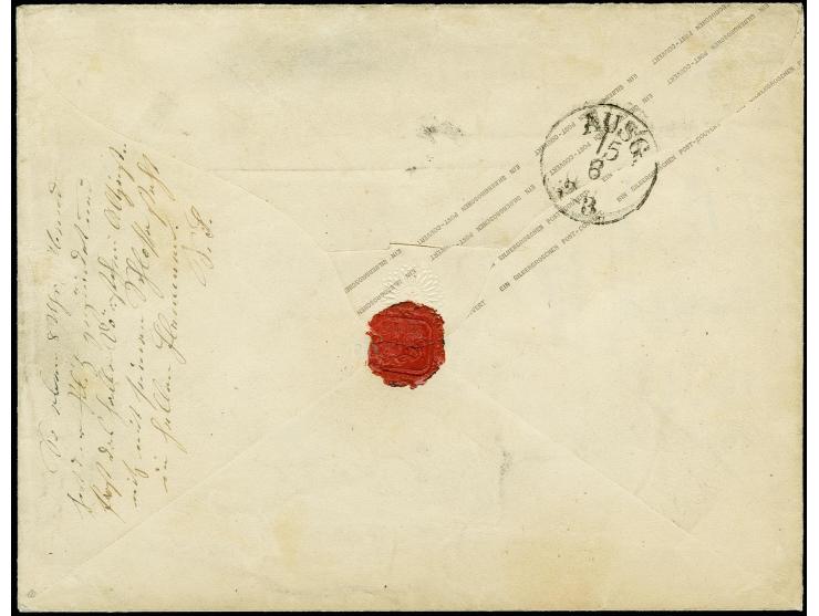 1859, Sternpatte: Umschlag 1 Sgr. karminrosa mit Zufrankatur Gittergrund 1 Sgr., voll- bis breitrandig, mit übergehend aufges