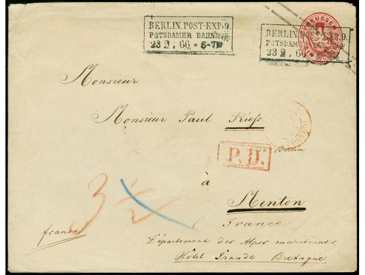 1863, Umschlag 1 Sgr. rosa im Großformat mit Ra3 "BERLIN.POST.-EXP.9 / POTSDAMER BAHNHOF / 23 2 66" nach Mentone in Frankreic