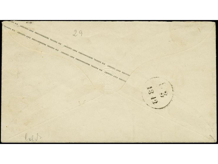 1867, Umschlag 3 Pfg. violett mit vorderseitig nur ganz oben rechts verlaufendem Überdruck (statt wie üblich durch den Wertst
