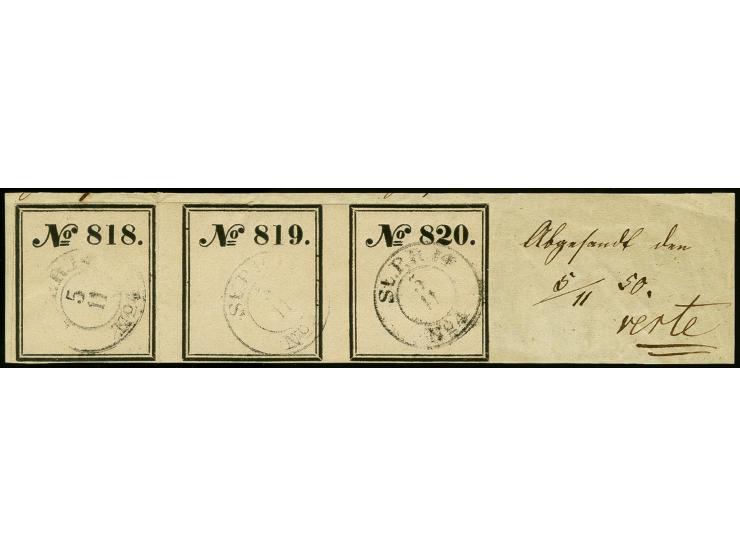1850, Berliner Stadtpost-Quittungsmarke im 3er-Streifen mit DKr. "St. P. R14 No.4 3/11" auf Briefstück mit handschriftlichem 
