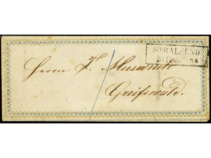 1860 (ca.), Zierbrief mit gedrucktem Rand in Blau und Gold von "STRALSUND 31.12." nach Greiswald mit Ausgabestempel, etwas fl