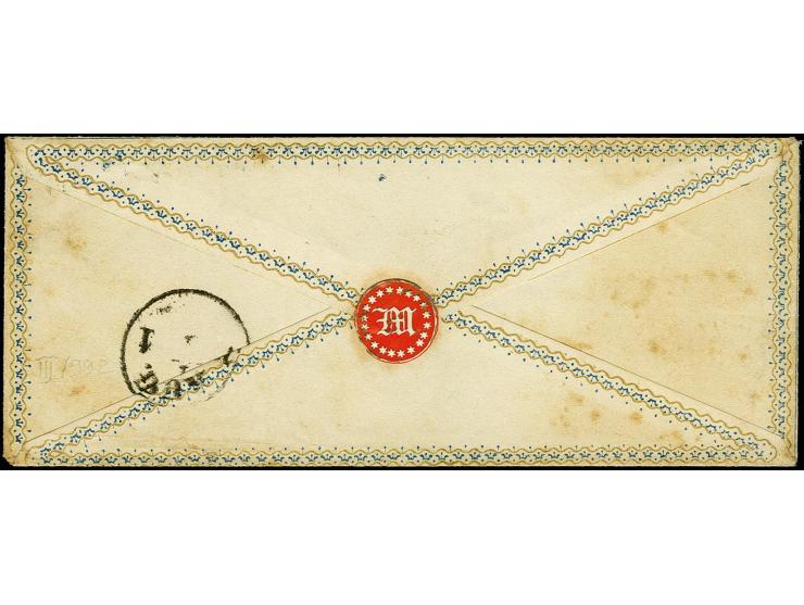 1860 (ca.), Zierbrief mit gedrucktem Rand in Blau und Gold von "STRALSUND 31.12." nach Greiswald mit Ausgabestempel, etwas fl