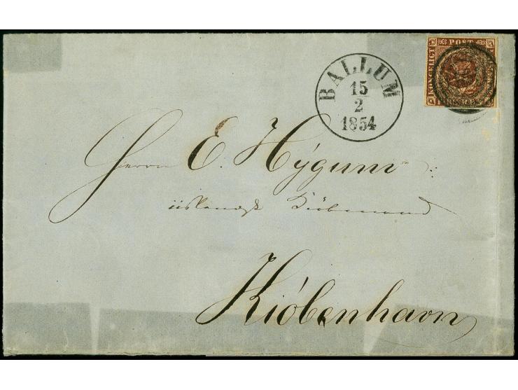 Ballum, "161" auf Dänemark  FIRE R.B.S. 4 S. rotbraun auf Faltbriefhülle mit nebengesetzem EKr. "BALLUM 15/2 1854" nach Kopen