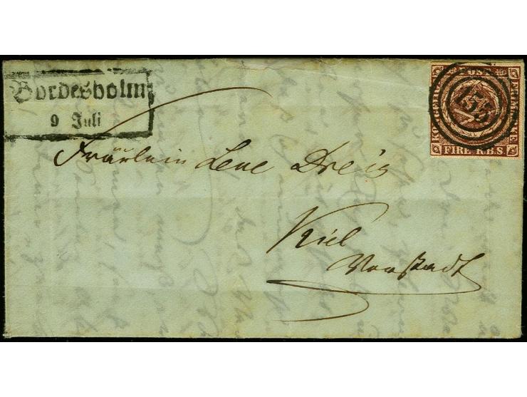 Bordesholm, "155" auf Dänemark  FIRE R.B.S. 4 S. rotbraun auf Faltbrief mit nebengesetzem Ra2 "Bordeshol, 9 Juli" nach Kiel, 