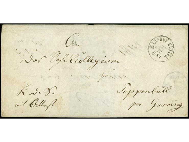 "BAHNHOF BÜTTEL 9.12.1855" vorderseitig auf doppelt verwendetem Brief nach Poppenbüll bei Garding, tadellos (HB 1)