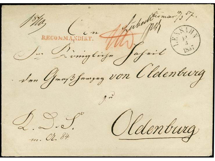 "Cismar 10/3 57", handschriftlicher Aufgabevermerk vorderseitig auf rekommandiertem Brief an "Seine Königliche Hoheit den Gro