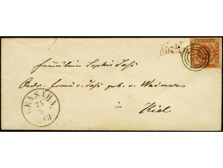 "Cism. 25/8 63", handschriftlicher Aufgabevermerk vorderseitig auf kleinem Umschlag nach Kiel, frankiert mit Dänemark 4 S. br