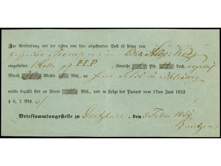 Deetzbüll, Einlieferungsschein der "Briefsammlungsstelle zu Deetzbüll" vom 5.2.1855, tadellos, Einlieferungsscheine von Brief