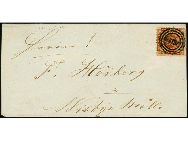 DÖSTRUP, "DSTRP" 3-Ring-Stempel sehr schön klar auf Dänemark 4 Schilling braun auf Briefvorderseite nach Wiesby-Mölle, ein se
