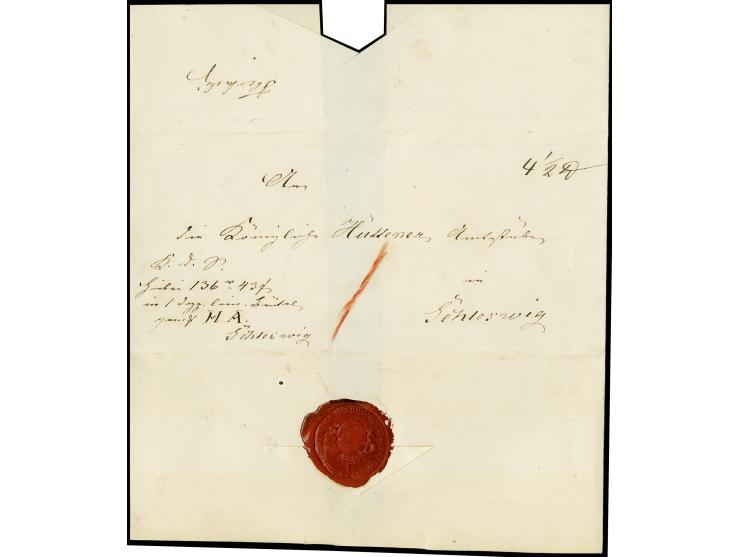"Fleckeby", handschriftlicher Aufgabevermerk rückseitig auf Faltbriefhülle nach Schleswig, rückseitig schönes rotes Siegel "H